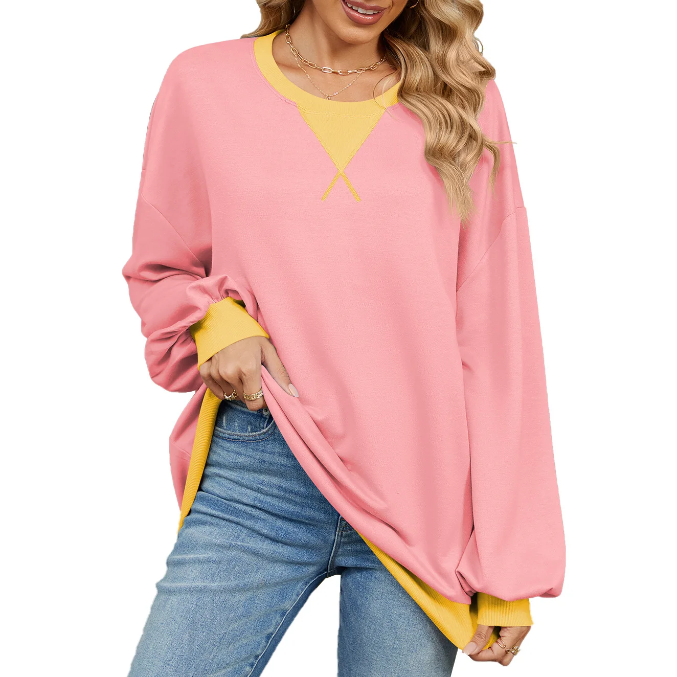 Women Sweatshirt Fashion 2025 Spring Autumn O-neck Color Matching Print Loose Casual Ladies Personality Streetwear Pullover Top