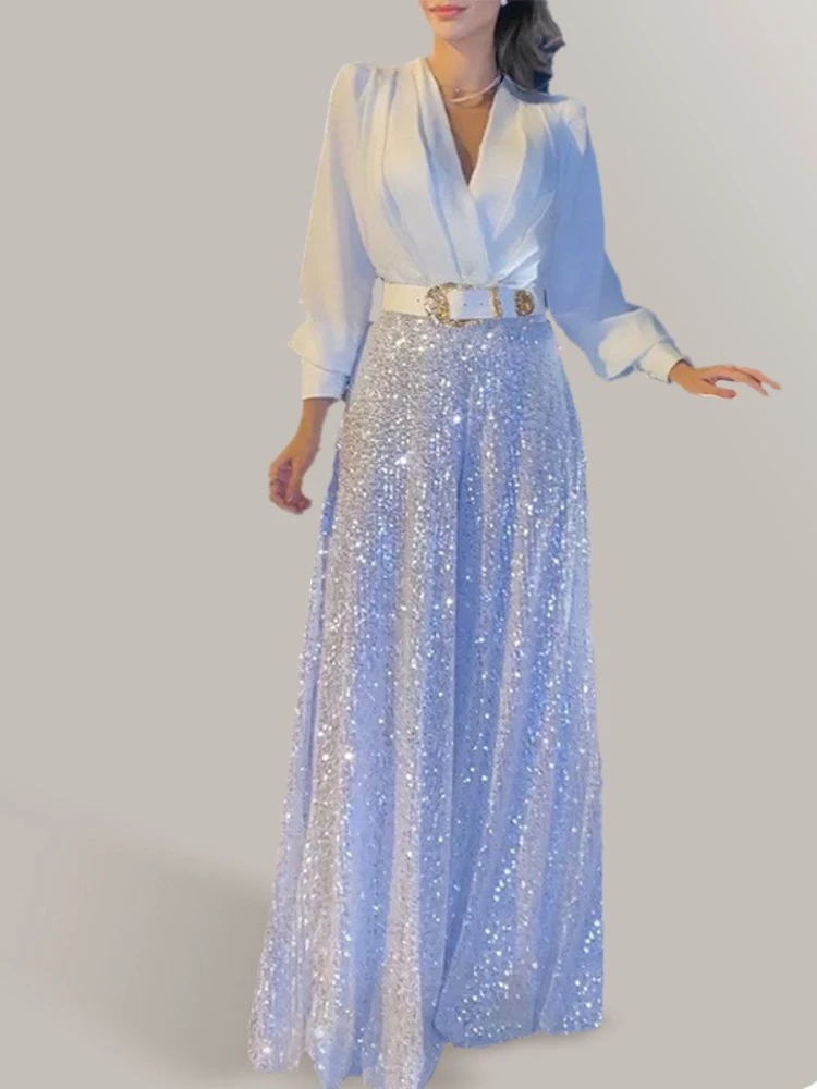 

2025 Summer New Women's Fashion V-neck Temperament Elegant Waist Slim Sequins Wide-leg Casual Conjoined Long Ladies