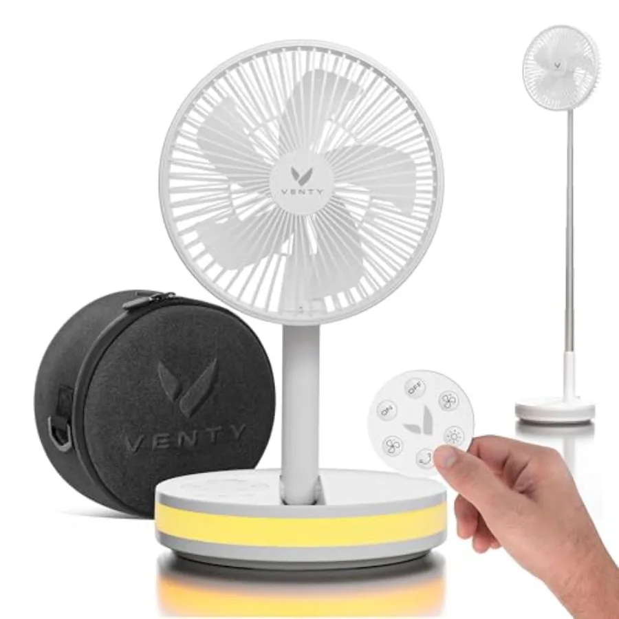 Portable fan for cruise, outdoor, and RV travel; white ABS plastic with LED lighting, 4 speeds, wireless battery operation, inc