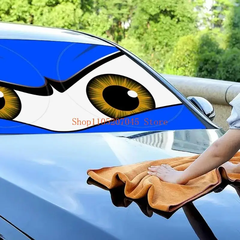 37cd ظل شمسي للزجاج الأمامي للسيارة بعيون زرقاء وحمراء مضحكة (قطعة واحدة) واقي شمسي قابل للطي للحماية من الأشعة فوق البنفسجية