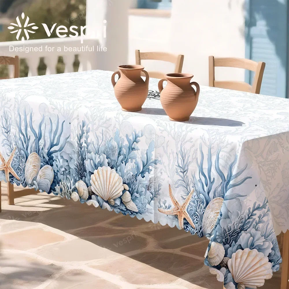 Ocean tablecloth, white and blue decorations, shells and starfish, seaside vacation, coastal style, yzb