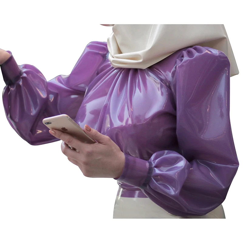 Transparent Purple Sexy Latex Blouses With Puff Long Sleeves Zipper Back Rubber Shirts Clothes Top Frill around Collar YF-0449