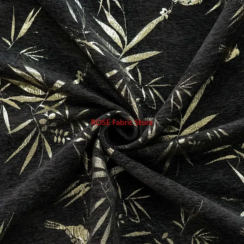 Tessuto jacquard con foglie di bambù in oro nero da 1 metro, abito da donna retrò, gonna soffice, borsa per bagagli, tessuto da cucito decorativo