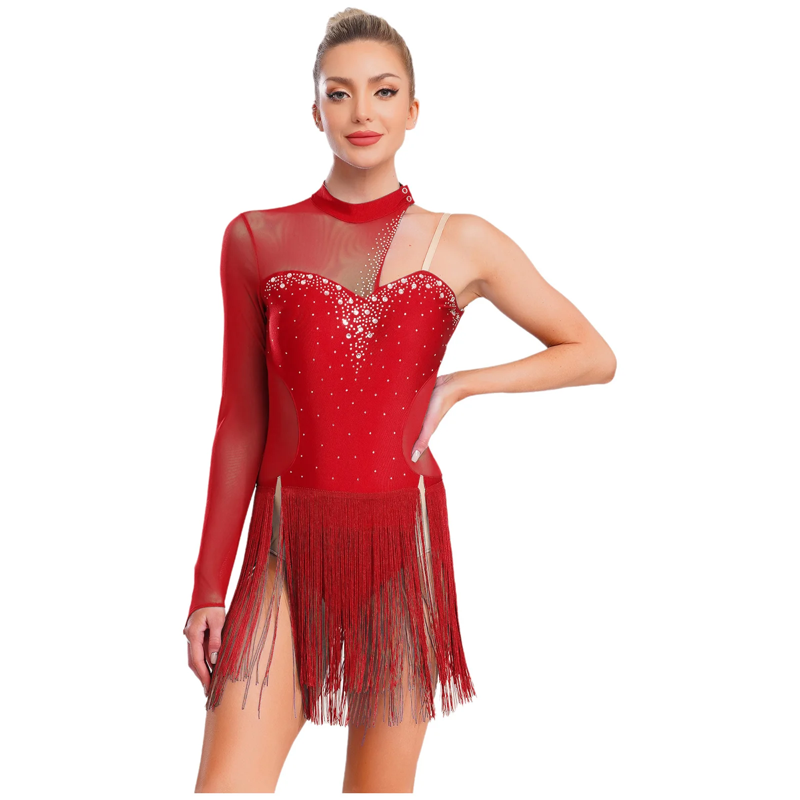 

Women Latin Tango Dance Performance Costume Sheer Mesh Patchwork Sparkling Rhinestones Fringed Dress for Latin Samba Dancewear