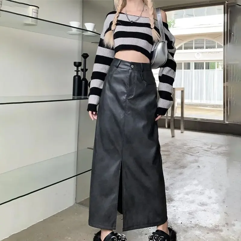 

Кожаная юбка средней длины для женщин, весна-осень-зима, длинная трапециевидная юбка с высокой талией, облегающая бедра