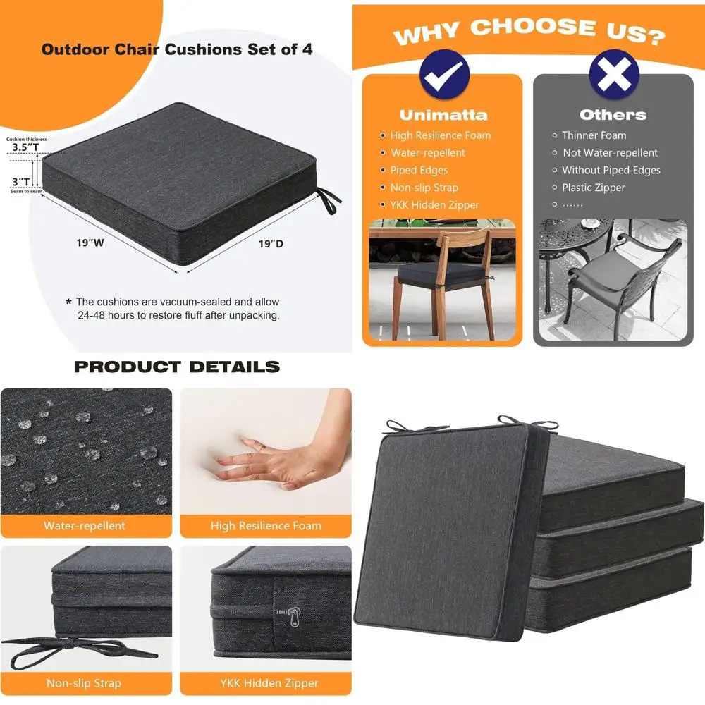 Charcoal 19 Square Outdoor Seat Cushions, Set of 4, Water-Resistant Patio Chair Pads with Ties