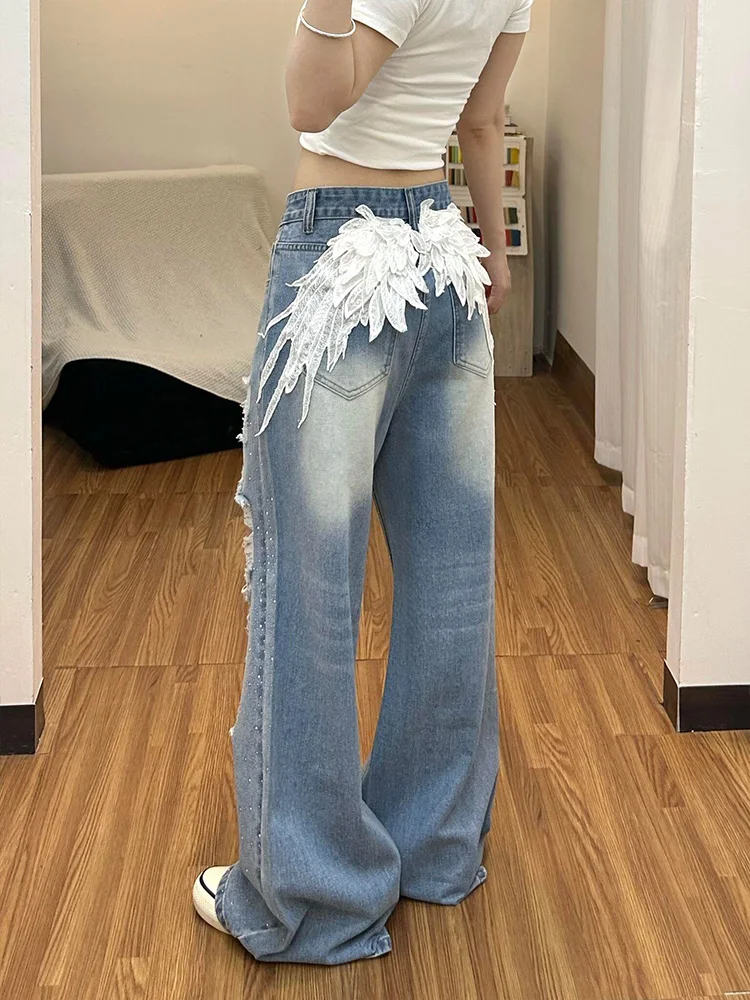 

Retro American Hot Girl Embroidered Denim Jeans Women Summer New Fashion Rhinestone Hole Design Floor-Length Pants