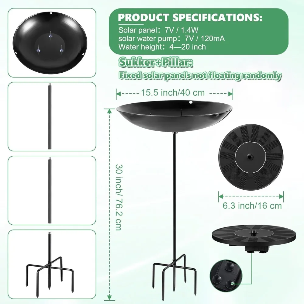 Bird Bath Fountain, 15.5 Inch Solar Powered Metal Bird Bath Bowl Powered by Water Fountain Pump for Outdoor Garden, Patio