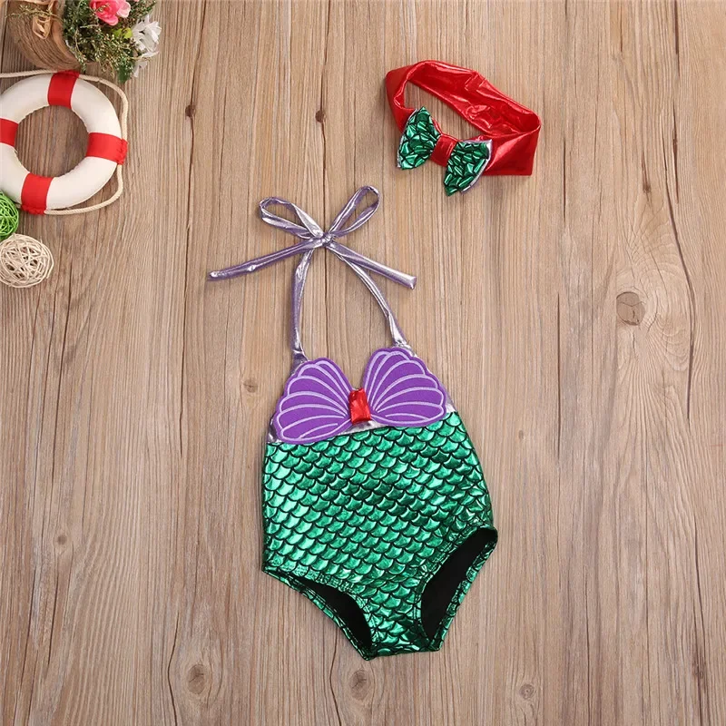 0-8years Girl Bodysuit Swimsuit Shellfish Scale Mermaid Print Lace-Up infant girls One_piece Bathing Suits for girls