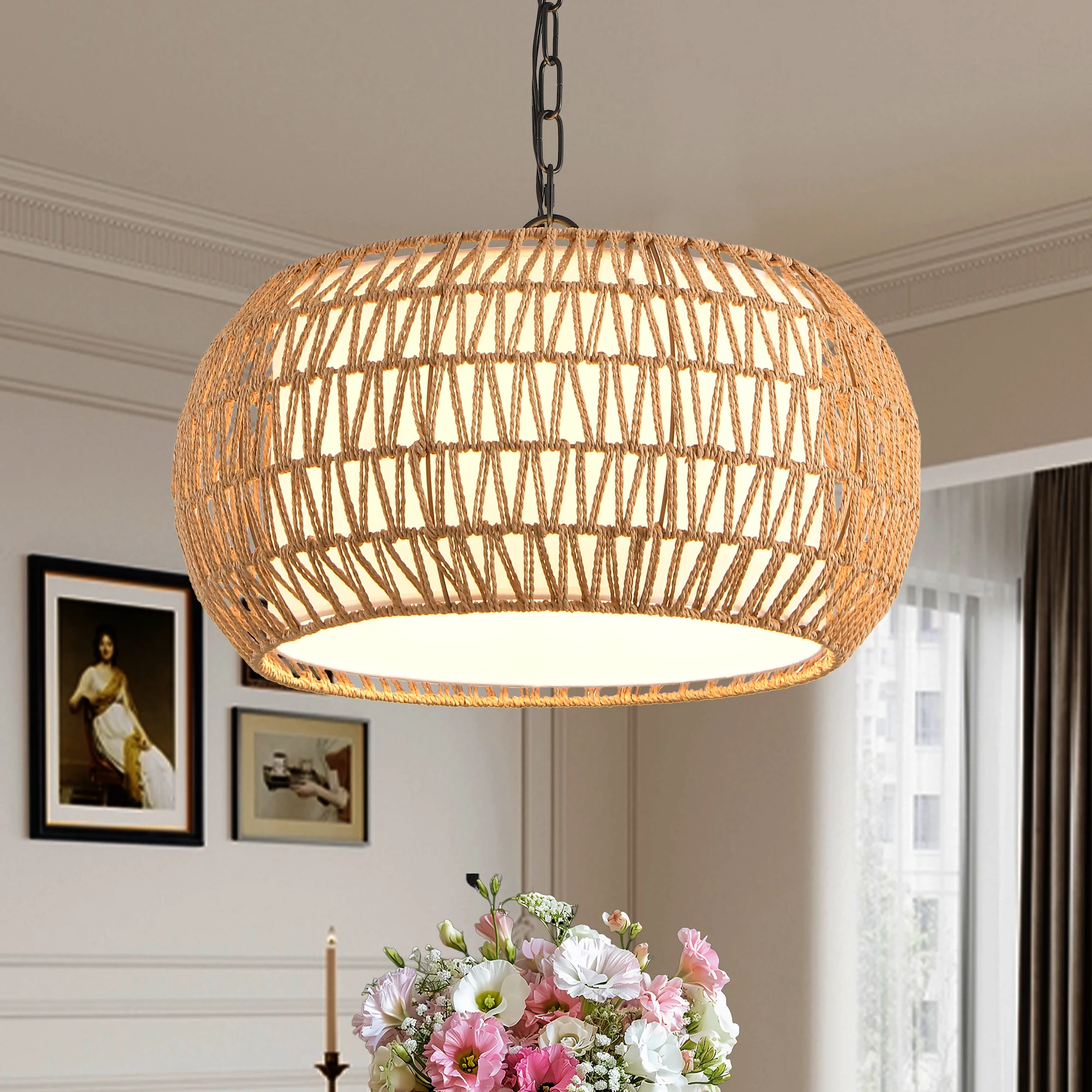 

Hand-Woven Jute Chandelier Bohemian Farmhouse Hanging Ceiling Light Height Adjustable, 5 E26 Sockets, Natural Rope Lampshade