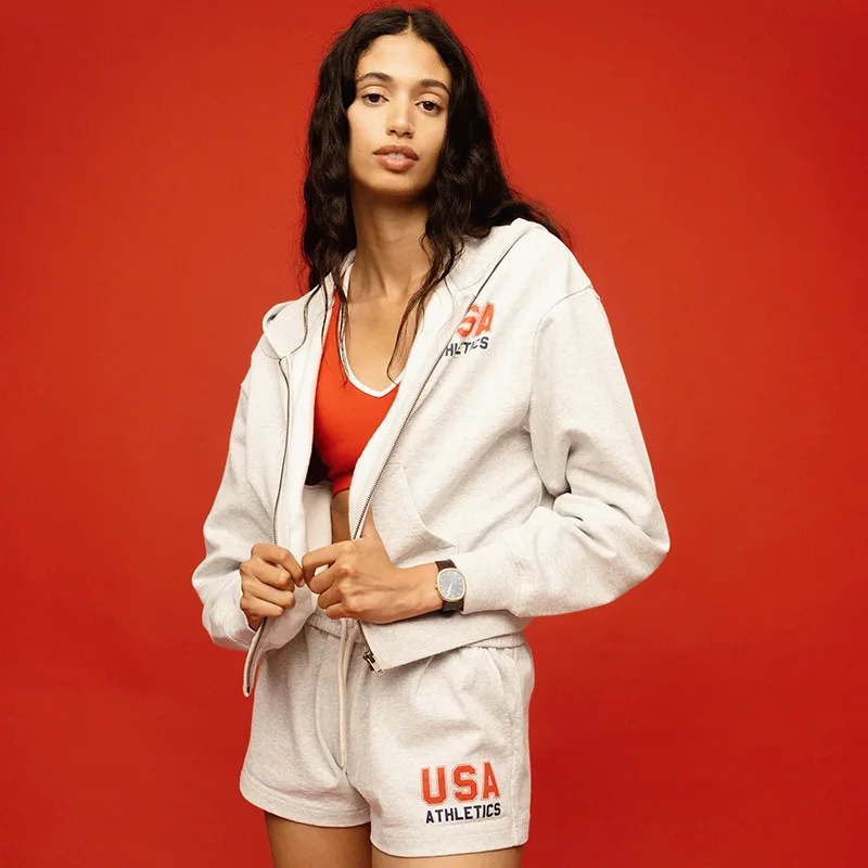 

Autumn and Winter New North American Niche Letters USA Fleece Hooded Sweater Women's Zipper Jacket
