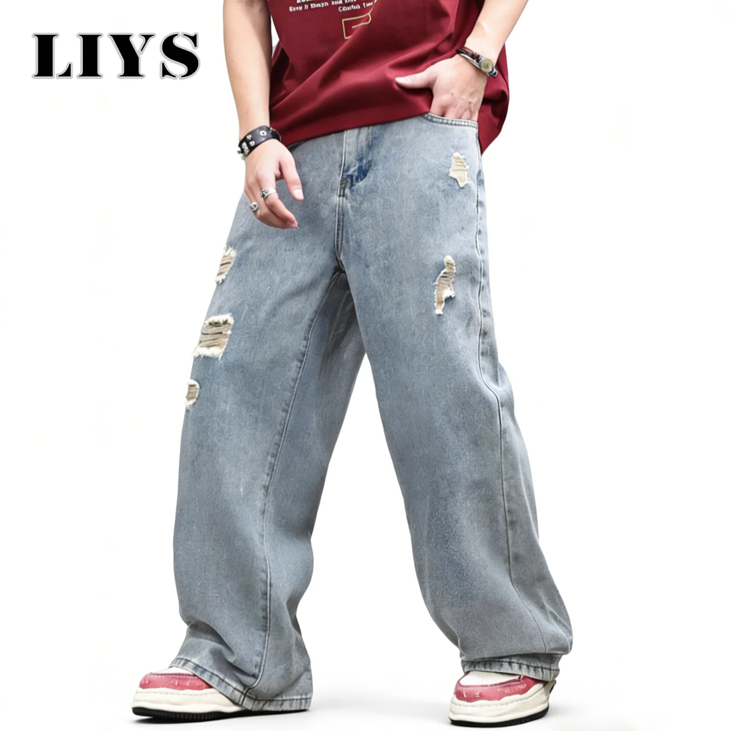 LIYS American Retro Men's Ultra Baggy Wide Leg Jeans High Street Oversized Loose Ripped Denim Pants Light Color Simple Jeans
