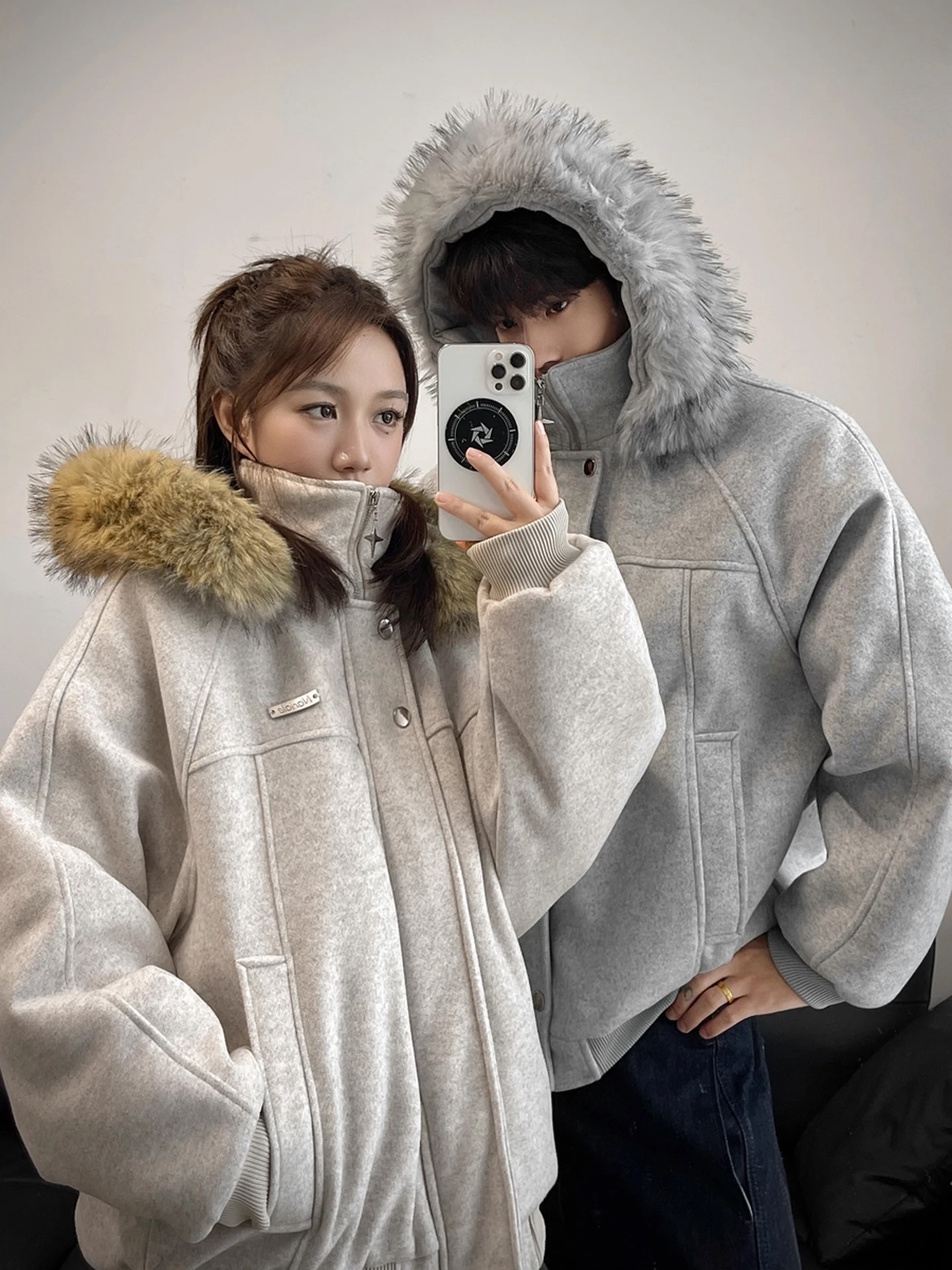 

Thiened Winter Coat with Fur Collar eepskin Cotton Jaet Men Women ort Sle Couple Hooded Cotton Clothes Warmth