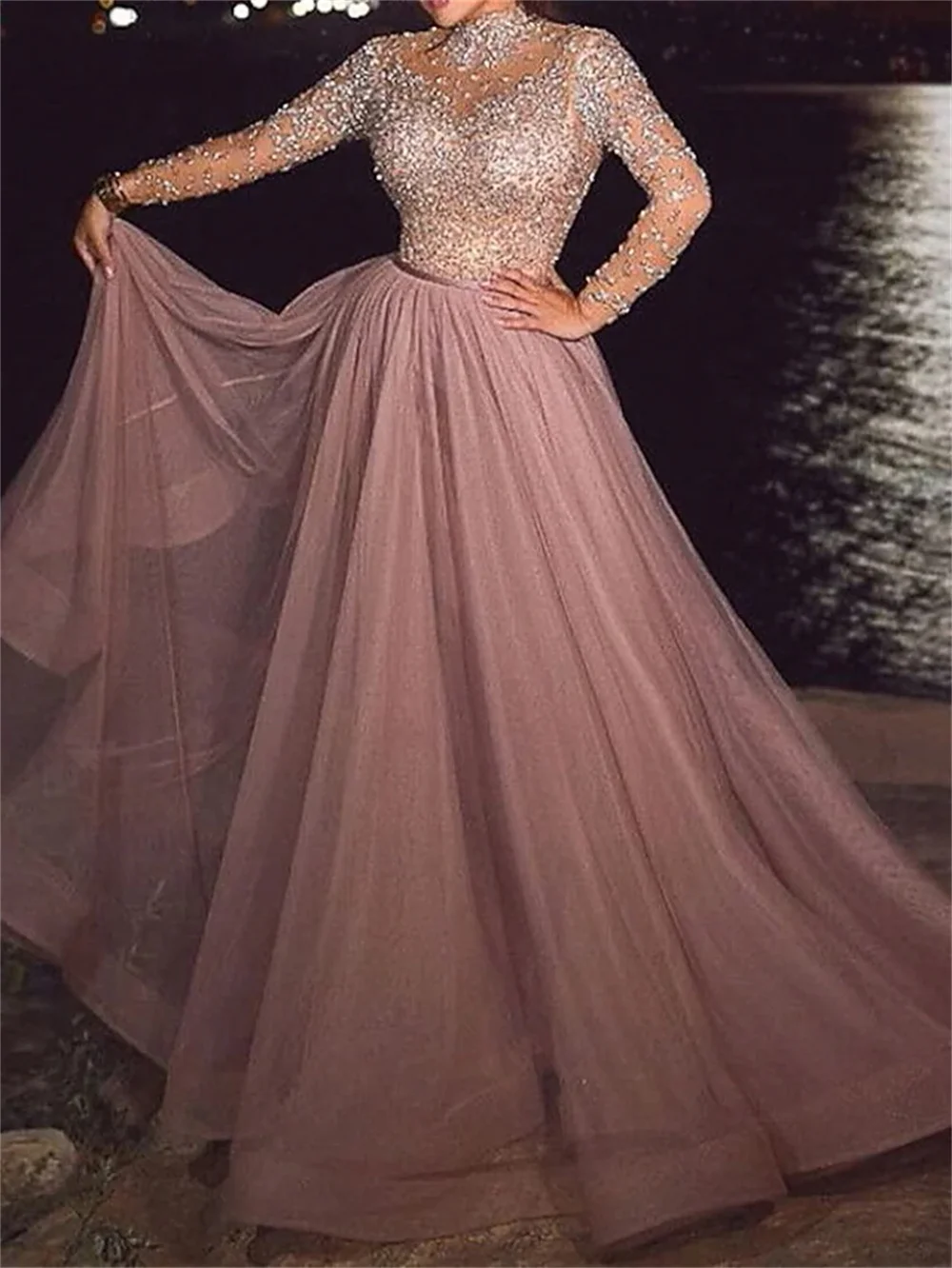 Princess Prom Occasion cristalli in rilievo maniche lunghe abiti lunghi fino al pavimento pizzo da donna colore puro 2023 temperamento sera formale