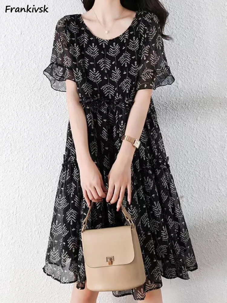 

Dresses Women Printed O-neck Middle Aged Ruffles Baggy Folds Leisure Trendy All-match Retro Summer Elegant Holiday Streetwear