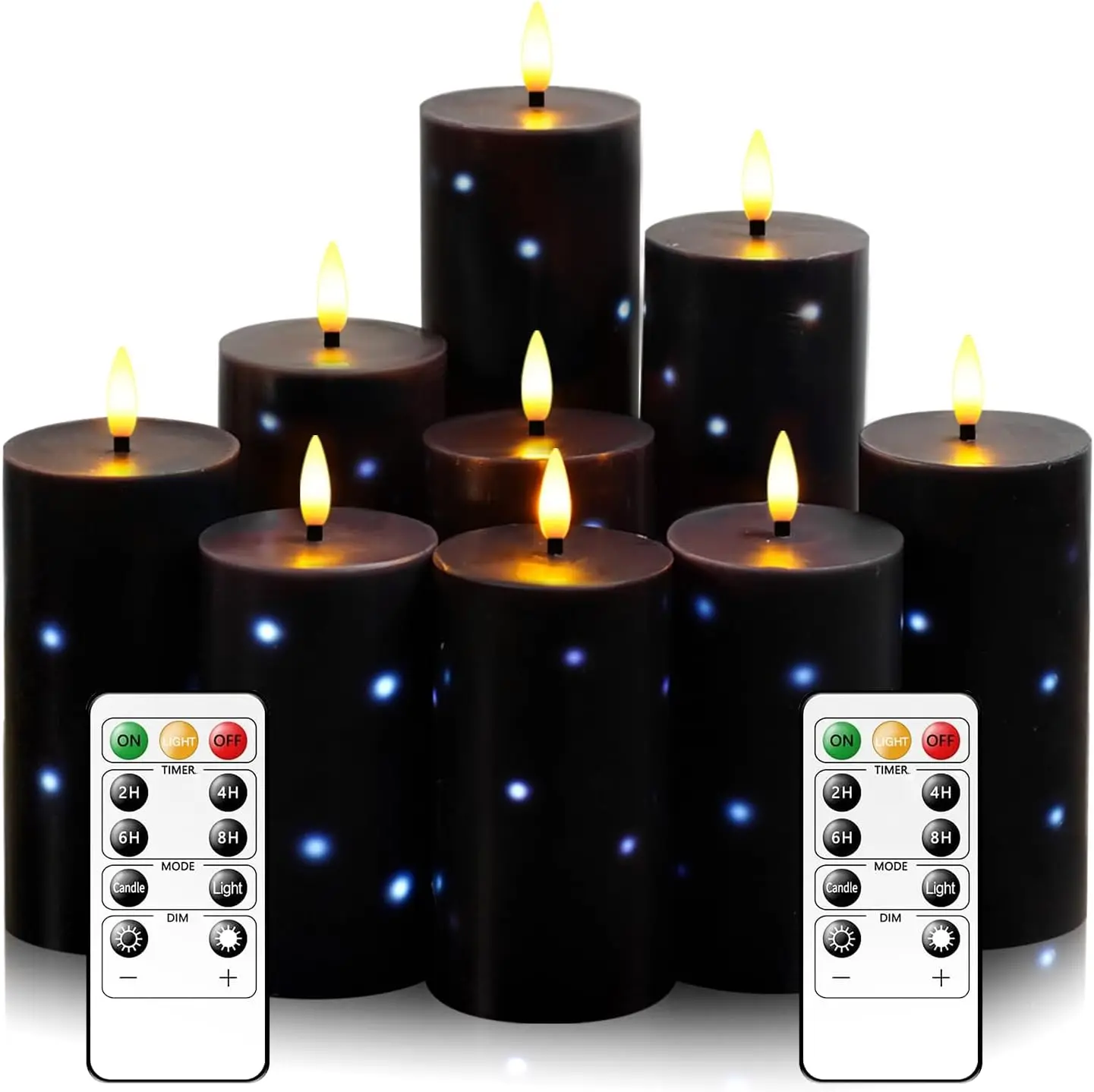 

Беспламенные свечи с эффектом мерцания, на батарейках, из настоящего воска, светодиодные, в форме столбов, с пультом ДУ и таймером, со встроенной гирляндой со звездами, набор из 9 штук, черные