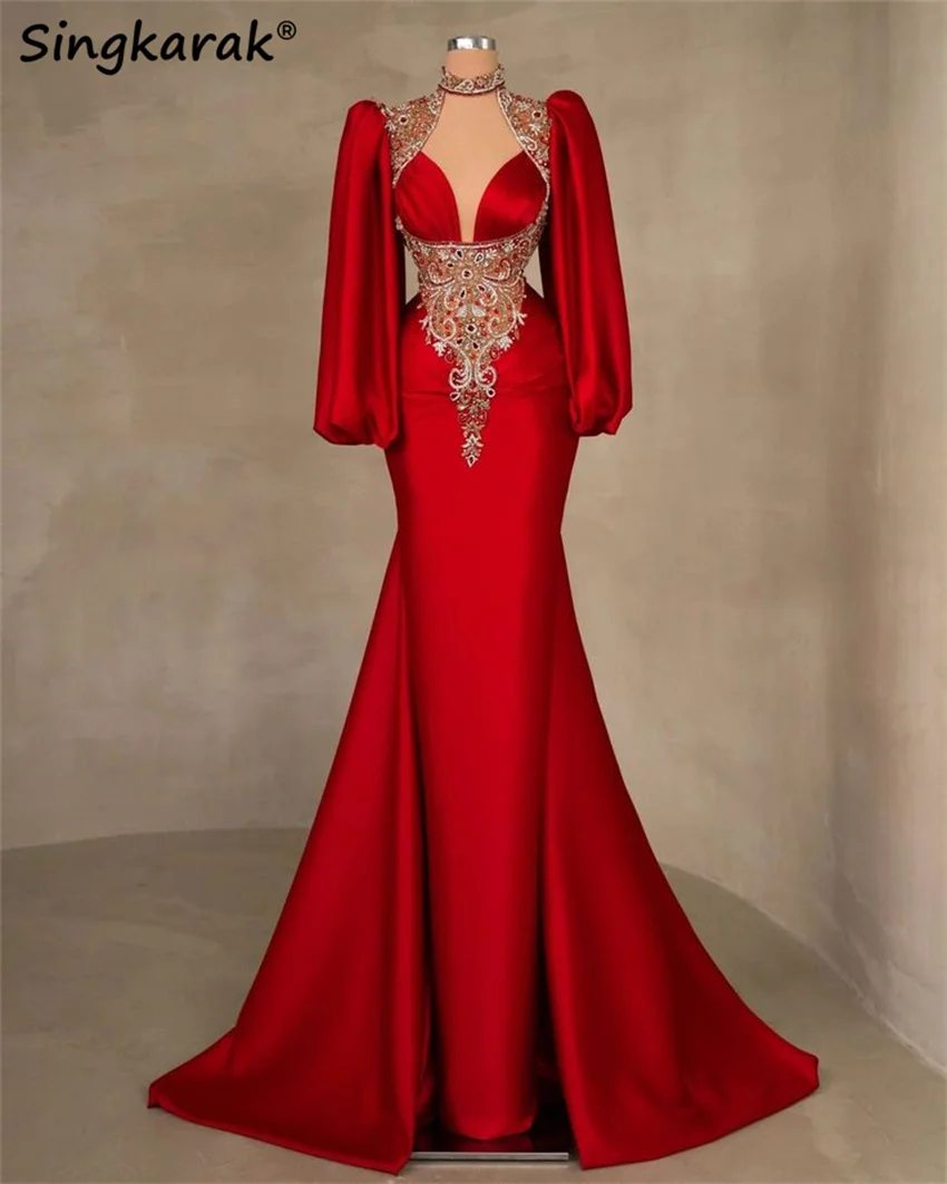 

Luxury Red Satin Mermaid Evening Dresses Long Sleeves Rhinestones Beaded Crystal Wedding Party Vestidos Robes De Soirée