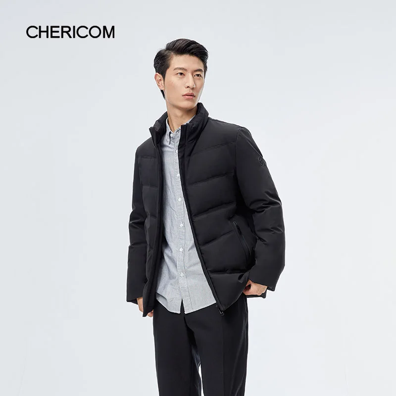 

Chericom Men's Stand Collar Down Jacket Solid Texture Waterproof Windproof Stretch Cuffs Zippered Vertical Pockets Y289660Y