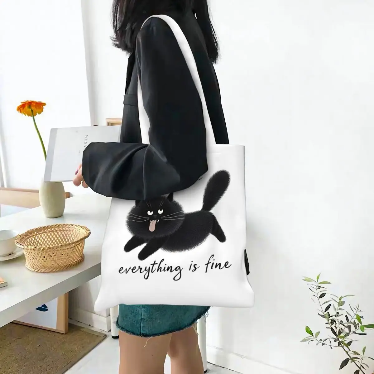 

It's Fine I'm Fine Everything Is Fine Funny Cat Meme Canvas Tote Handbag Shoulder Bags Reusable Shopper Bags for Women