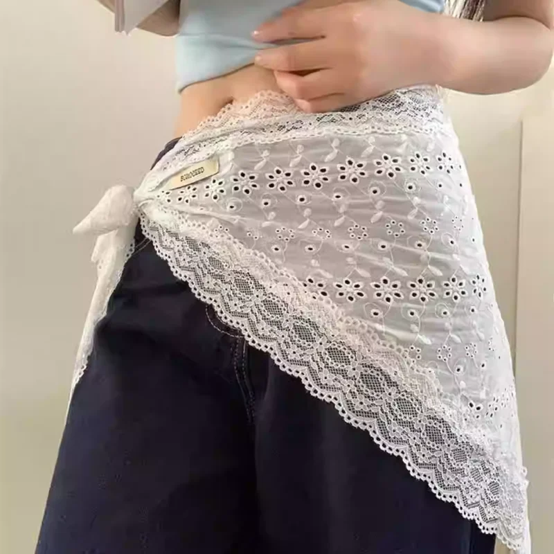 Korean Fashion Curtain Triangular-cut Lace Skirt Floral Print Versatile Dress Kawaii Women's Flouncy Skirt Jeans Accessories