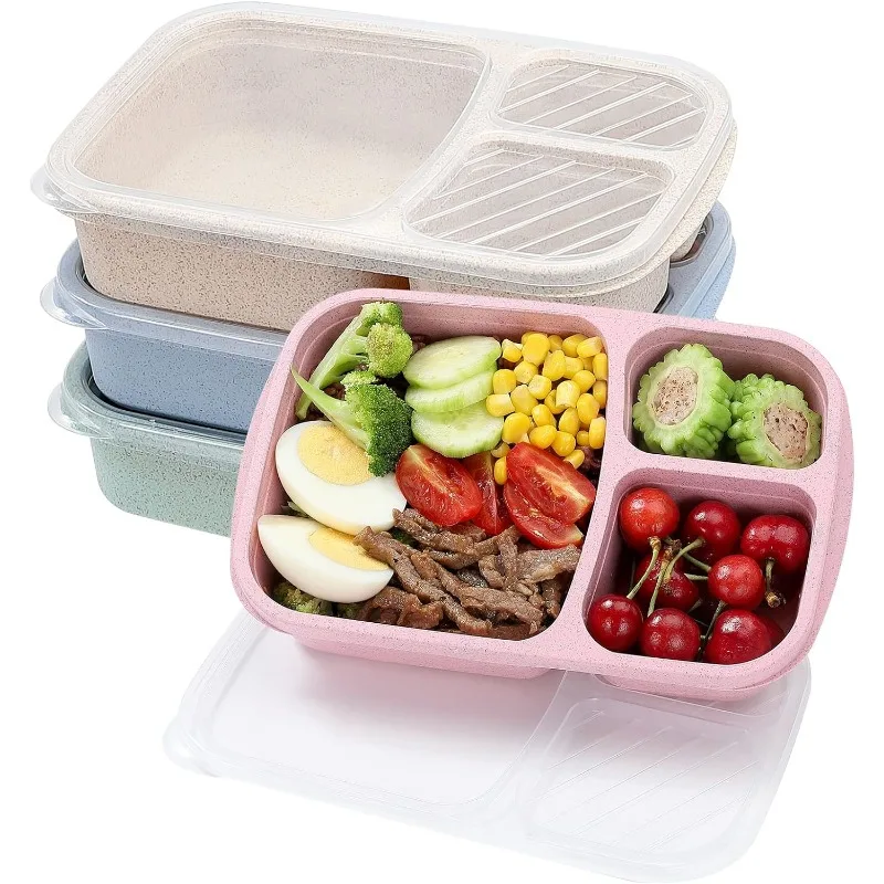 

4 Pack,Set 3 Compartment Wheat Straw Meal Prep Food Storage Containers Plastic, Microwave and Dishwasher Safe (3 Compartment)