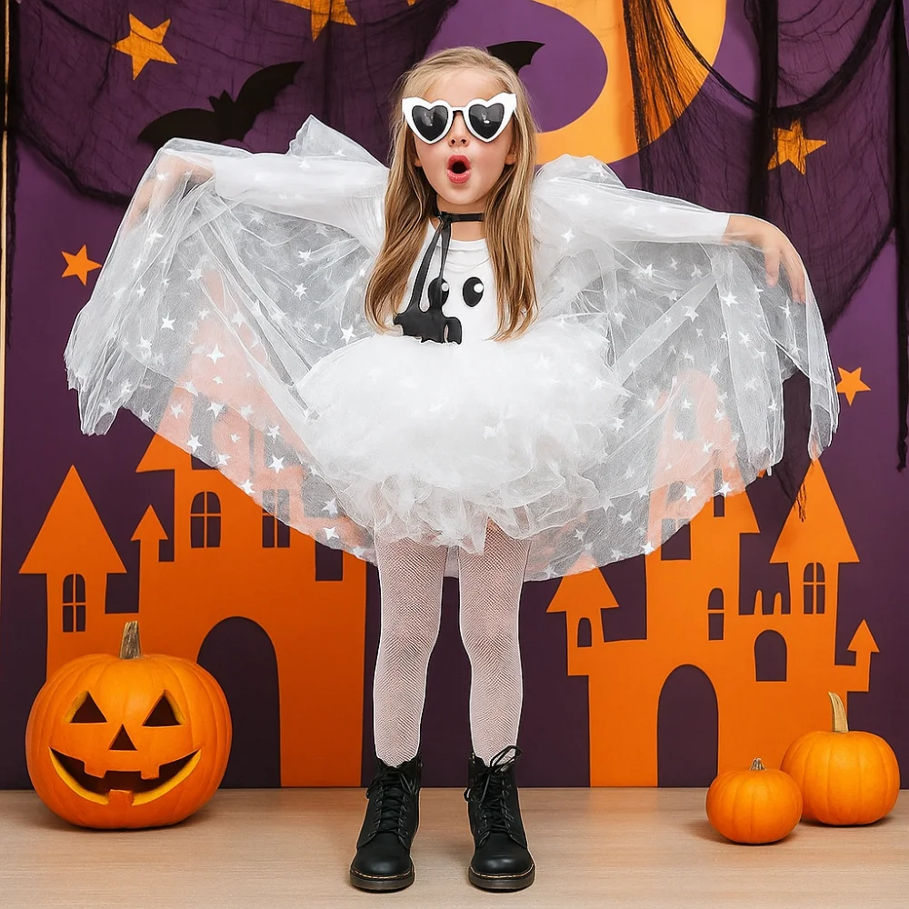 

Wizard Childern Halloween Costumes Princess Mesh Girls Witches Robes Bright Color Cloak Halloween Cosplay Cape Boys