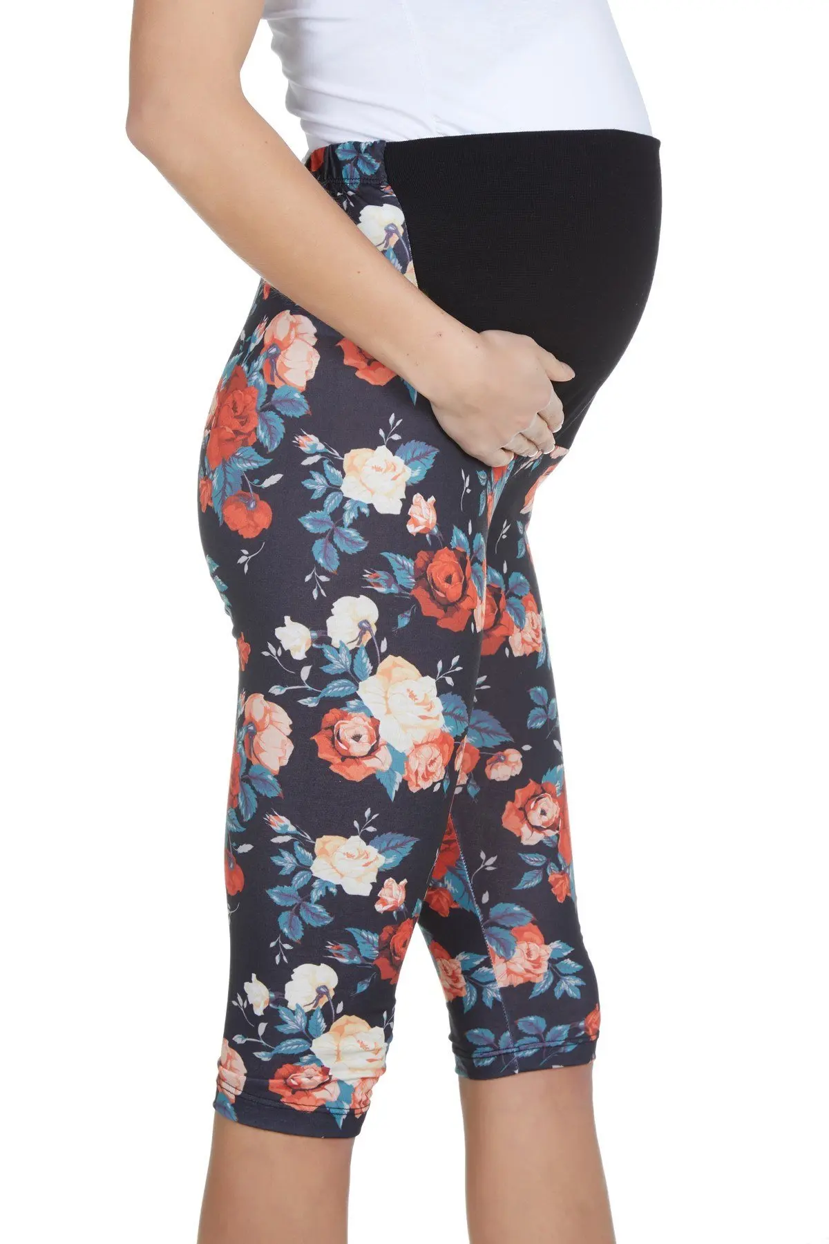 

LuvmaBelly Maternity 8018-Cotton Belly Supported Flowering Capri Pregnant Leggings