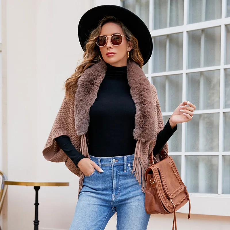 British Style Women's Cape Coat Female Fur Collar Knitted Tassel Cape Fashion Shawl Women's Solid Color Casual Knitwears Tops