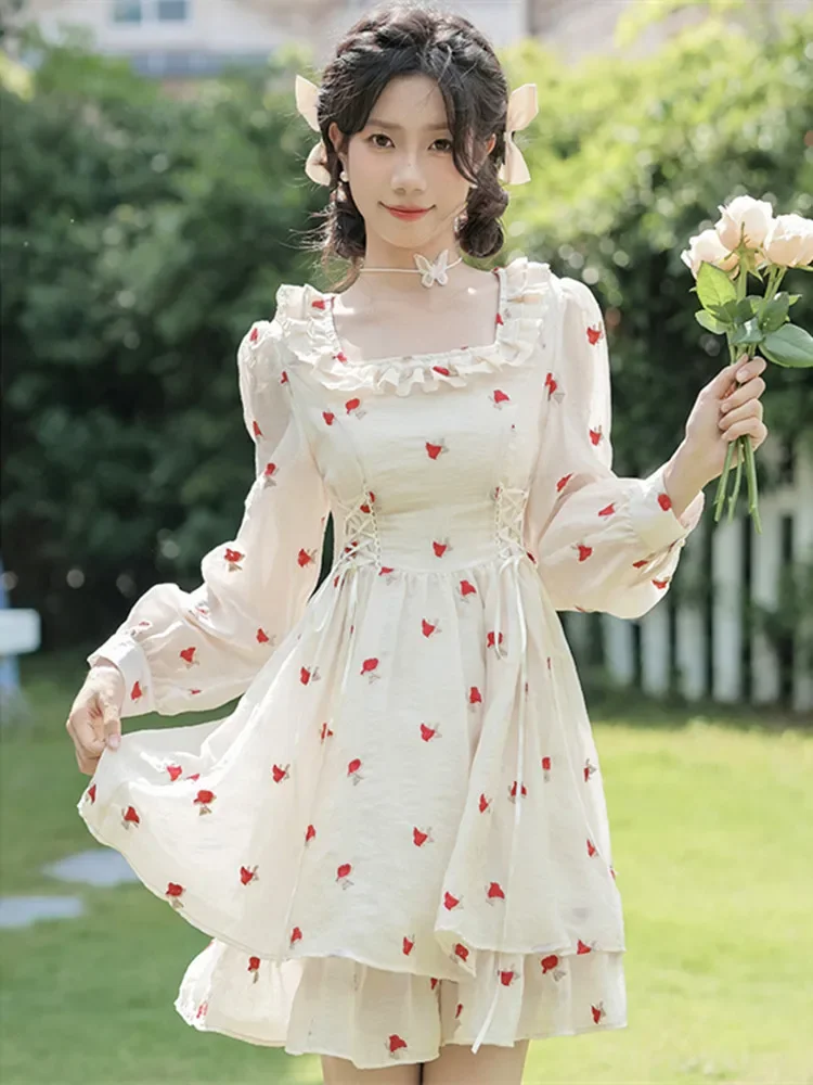 Autumn Sweet Lady Short Dress Japan Mori Girl Style Embroidery Floral Bandage Loose Casual Mini Dresses For Party Vestido Curto