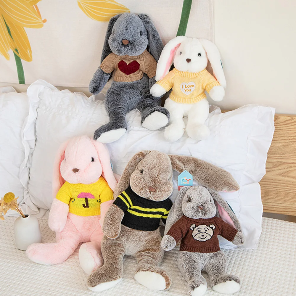 Cute Big Ear Bunny Plush Doll Cartoon Stuffed Animals Rabbit Wear Sweater Soft Baby Accompany Sleeping Pillow Girl Birthday Gift