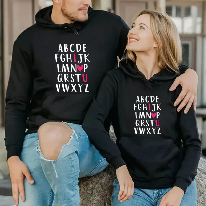 

Couple Hoodie A-Z Alphabet I LOVE U Pink Heart Sweatshirt Male Female Long Sleeve Fashion Trend Matching Couple Honeymoon Hoody