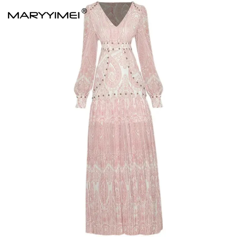 

MARYYIMEI Fashion Runway Autumn Maxi Dress Women's V-neck Lantern sleeve Beading Pink Printed Pleated Vintage Party Dress