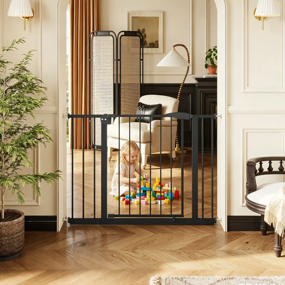 

Защитные ворота для детей/животных шириной 29,5-44,1 дюйма: без сверления, с креплением под давлением, легко проходные, для лестниц/дверных проемов, черные