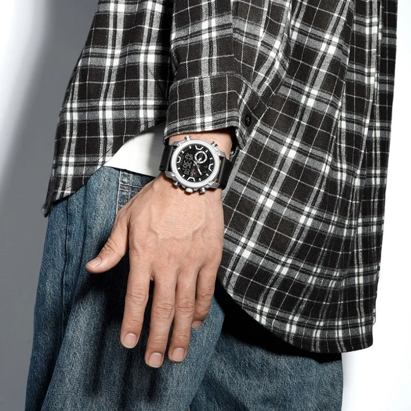 New NAVIFORCE Super Cool Style Men's Wristwatch Dual Display Time Genuine Leather 3ATM Waterproof Alarm Clock Mode Boys' Watch