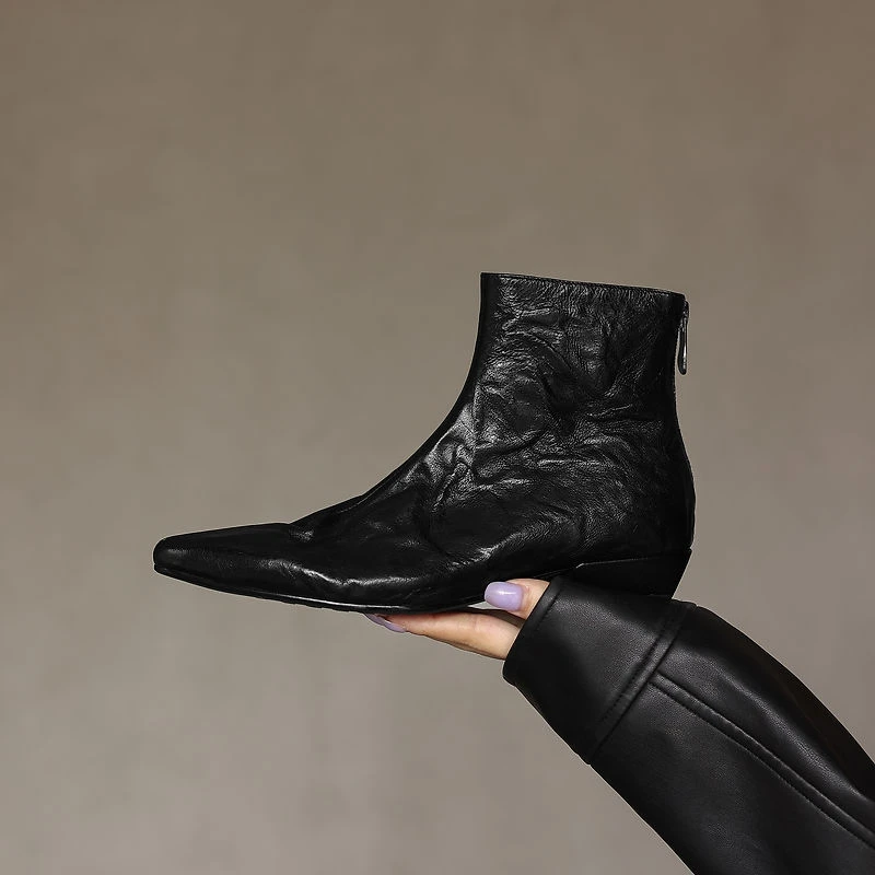 NEW Autumn/Winter Women Boots Genuine Leather Shoes for Women Pointed Toe Chunky Heel Shoes Zip Modern Boots Fashion Daily Shoes