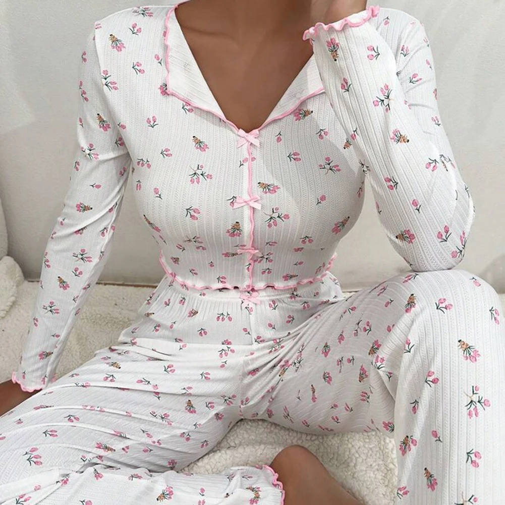 

2024 Lounge Clothes Bow Lapel Long Sleeve Pajama Women Long Pants Two Piece Suit Home Suit Pajamas For Women Set