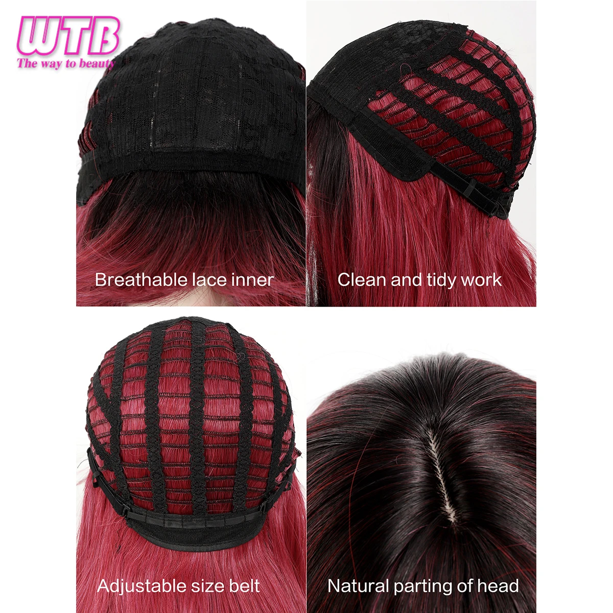 WTB Synthetic Hair Wine Red Black Long Straight Synthetic Lolita Wig High Temperature Fiber Wig with Bangs Cosplay Halloween Wig