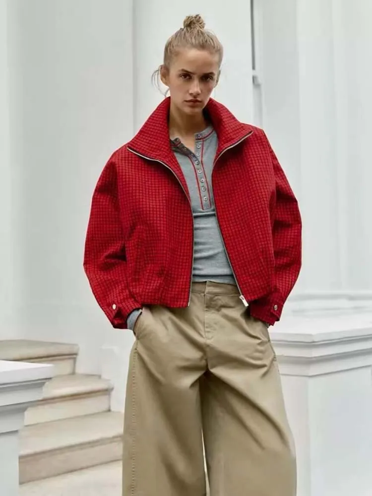 Red Plaid Jacket For Women Loose Stand Collar Zipper Up Casual Streetwear Tops Vintage Bomber Coats 2026 Spring Autumn Jackets