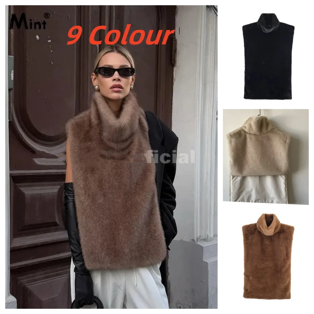 Neo Mint 2025 Brand Fashion Faux Fur Sable Vest Crop Top Autumn Winter Turtleneck Eco Mink Fur Tank Tops Sleeveless Jacket Coat