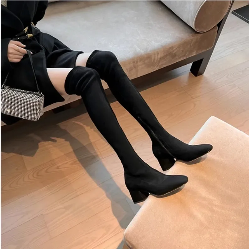 2023 Winter Elastic Long Faux Suede Boots Women Over-the-knee Boots Casual Black Platform Shoes for Women Autumn Ladies Bottes