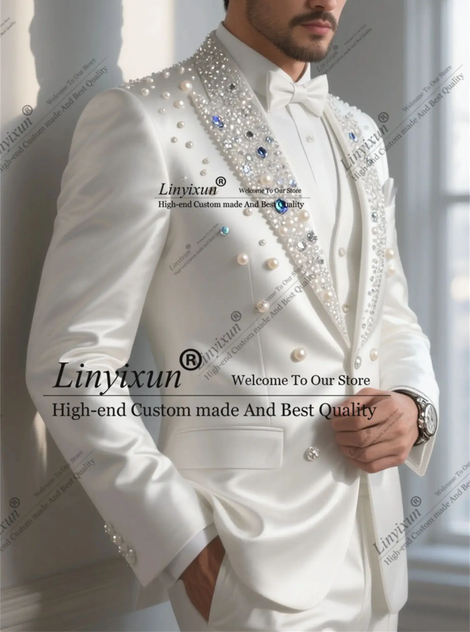

Luxury Rhinestone Ornament Men Suit Customized Wedding Tuxedos 3 Pieces Sets Slim Groom Male Blazers Formal Business Ropa hombre