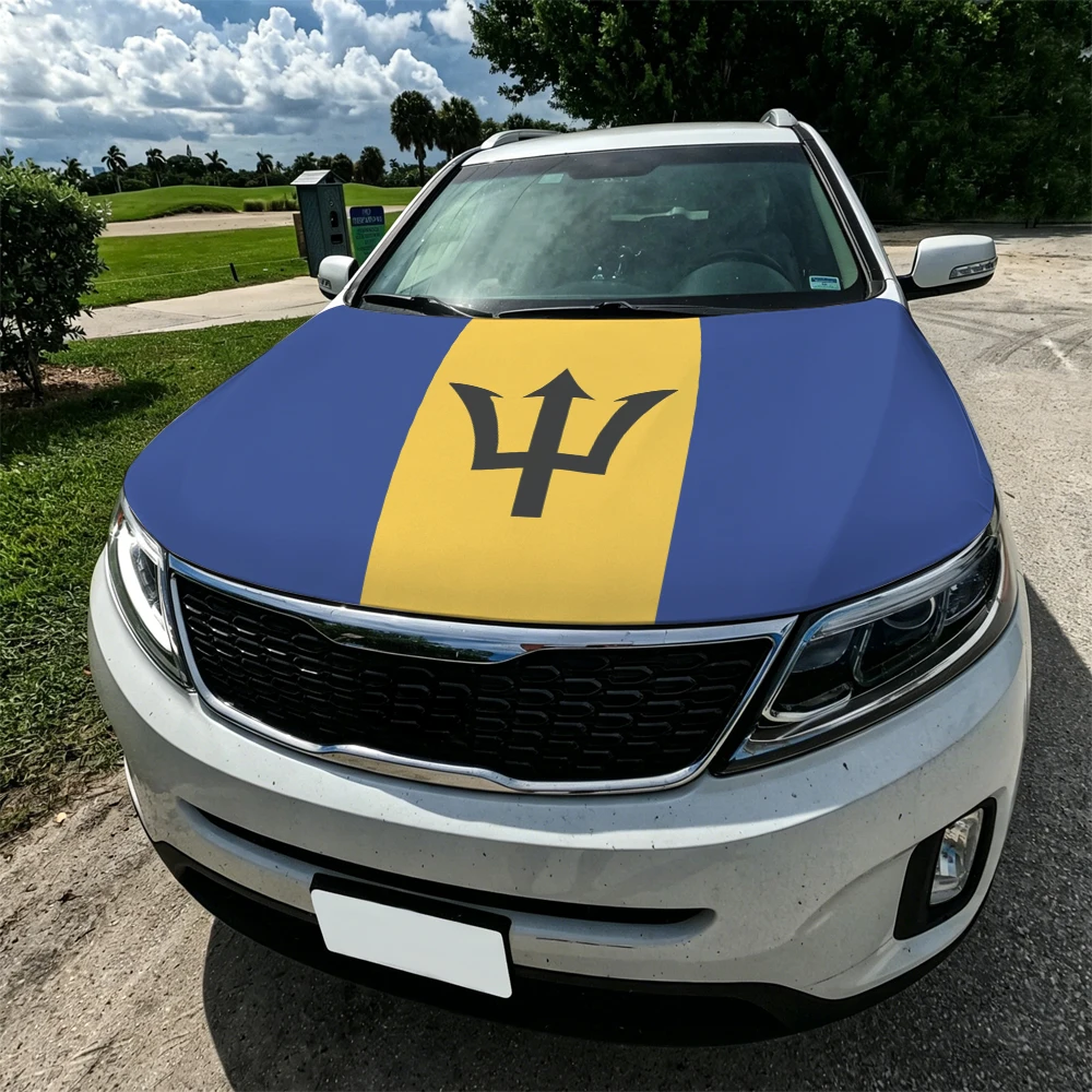 3.8x5.3ft Barbados Car Hood Cover Flag Car Bonnet Banner Elastic Fabrics Windproof Patriotic Automotive Hood Covers