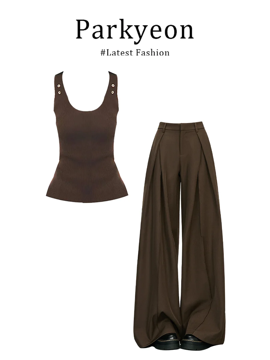 

Parkyeon Coffee Color Slim Fit Sleeveless Vest Top High Waist Wide Leg Pants Set Summer New Style Casual Fashion Women's Ense...