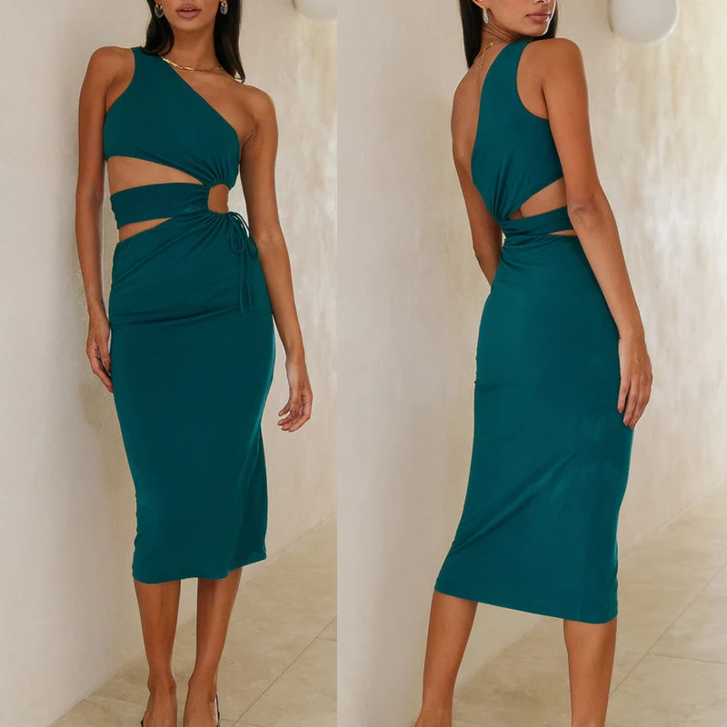 

Summer New Women's Dress Solid Color Sexy Dress Oblique Shoulder Fold Waist Design Midi Slim Dress