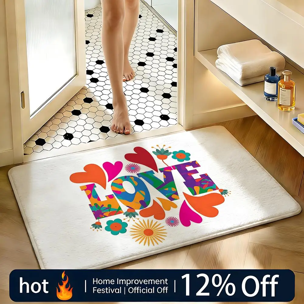 Soft Absorbent Non-Slip Rug Heart Floral Love Text Floor Mat Home Decor Doormat Bedroom Floor Mat Shower Carpet
