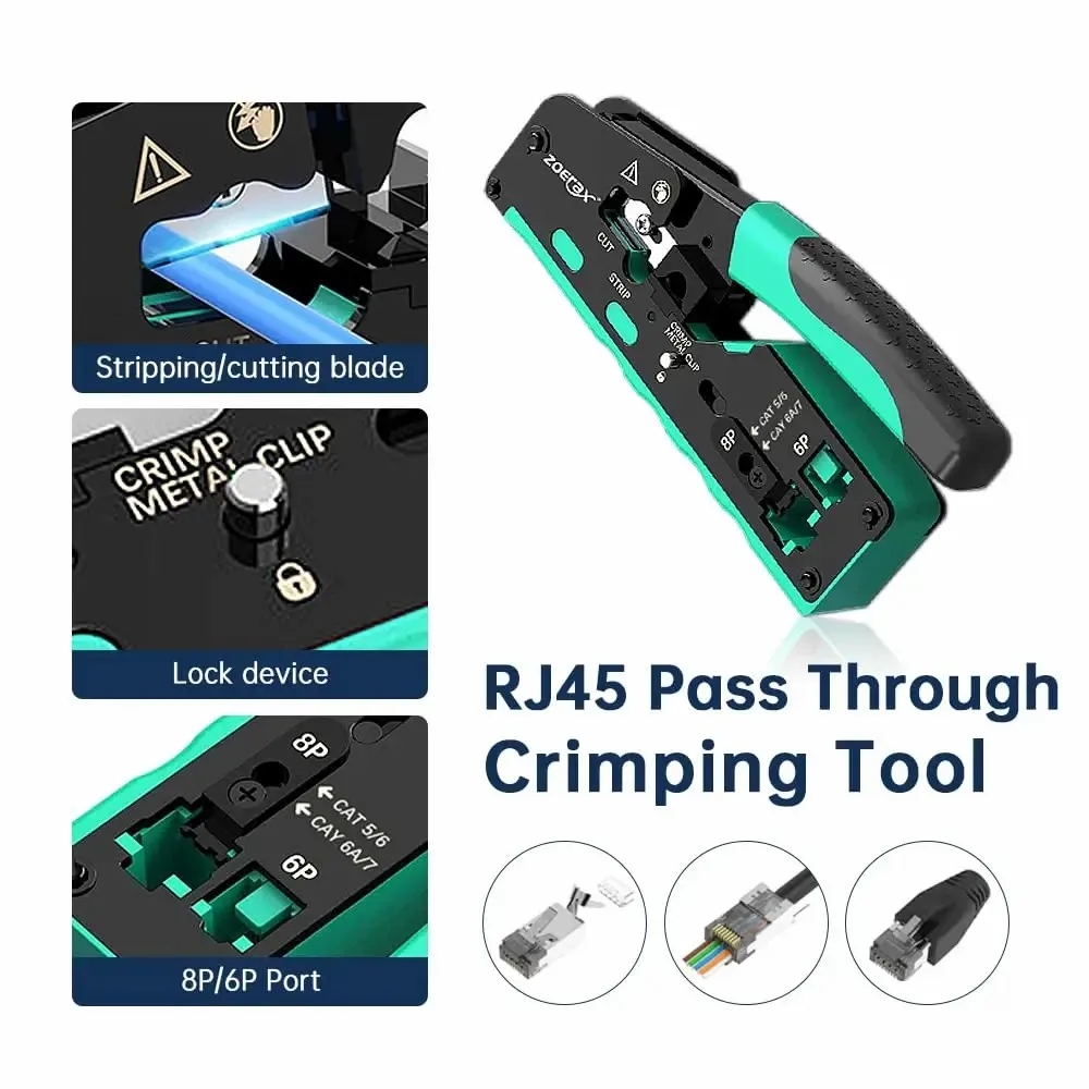 ZoeRax Pass Through RJ45 Crimp Tool with 10PCS Cat7 Connectors and Strain Relief Boots, Ethernet Wire Cutter Crimper