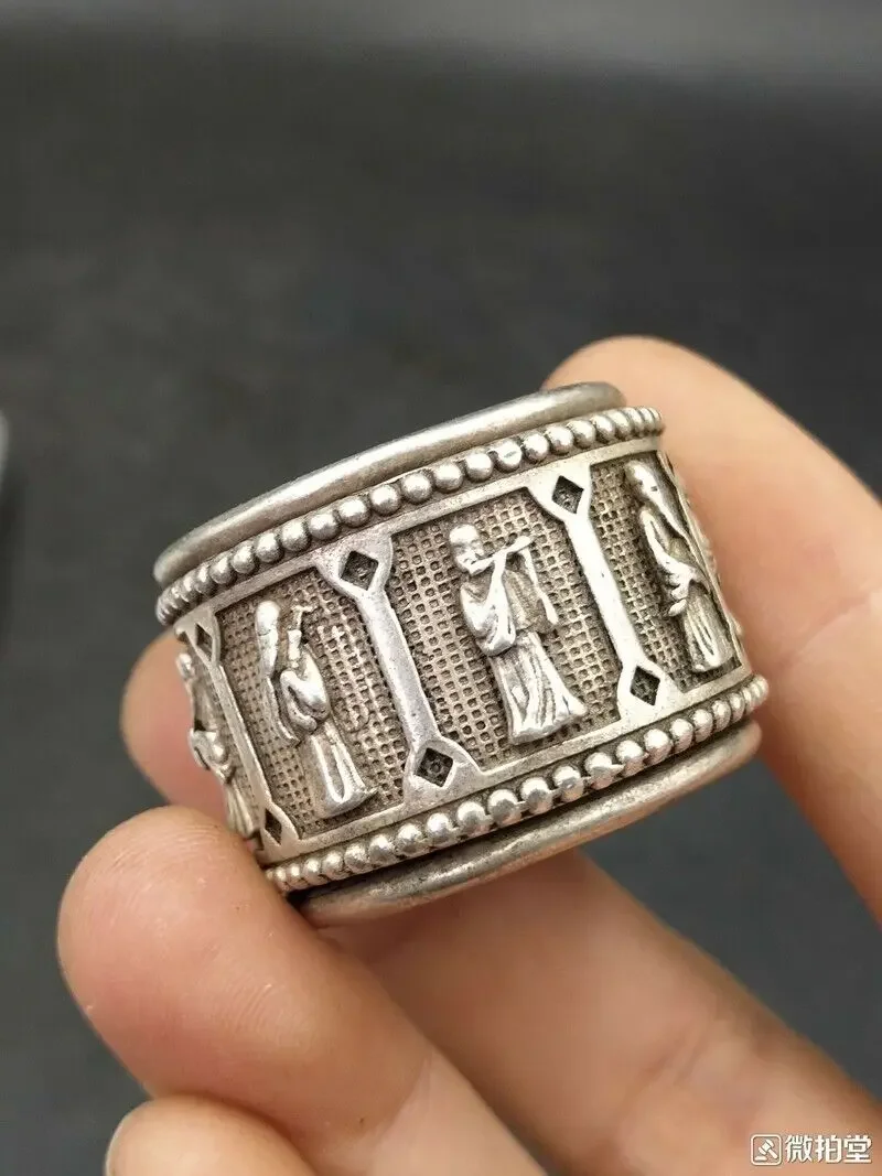 Chinese Old Tibet Silver Handcarved The Eight Immortals Spanner Ring