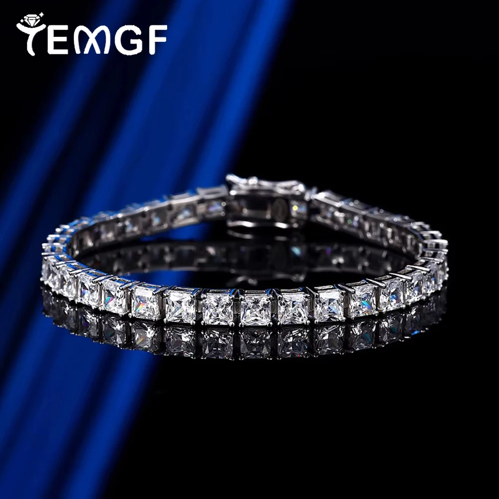 

TEMGF Full Zircon Bracelet Princess Cut 100% Real S925 Sterling Silver Unisex Simple Fashion Fine Jewelry Birthday Surprise Gift
