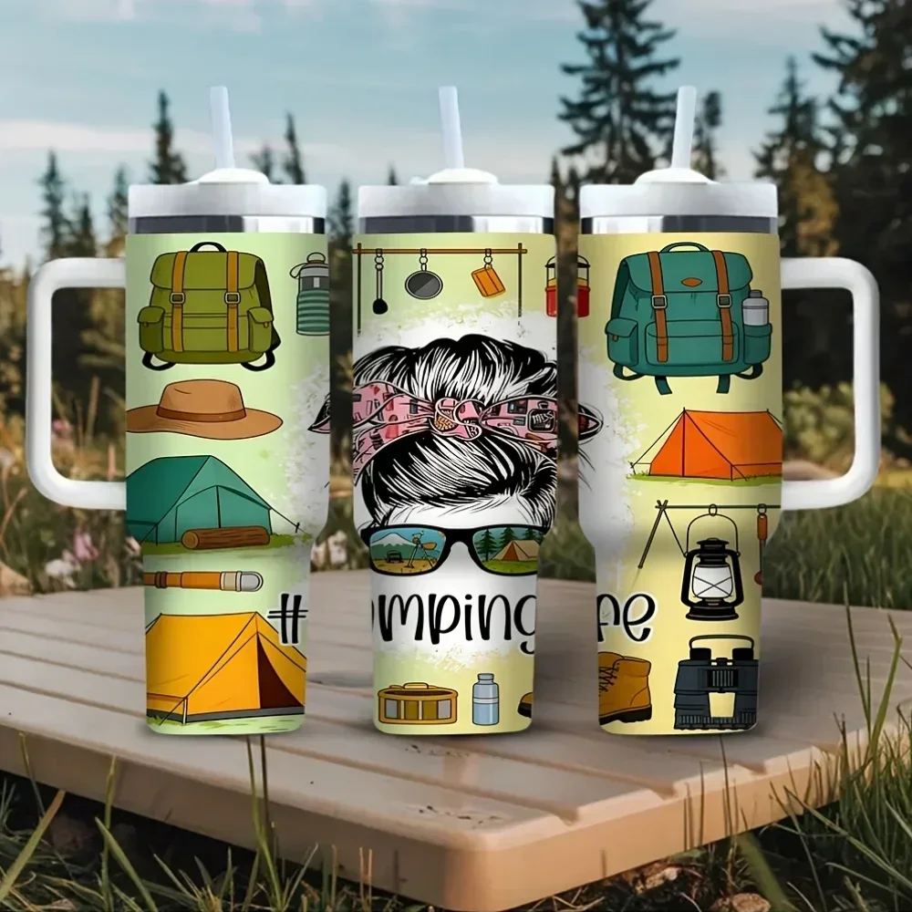 40Oz Tumbler with Handle, Camping Themed Printed Cup for Camping Enthusiasts, Suitable for Outdoor Trips Hiking And Daily Use, Works Perfectly for Both Hot And Cold Drinks