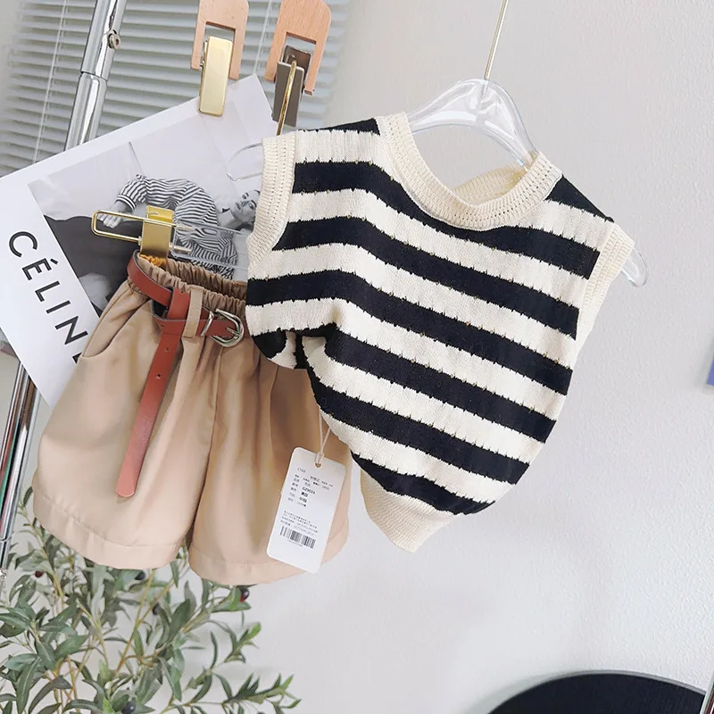 Girls Clothes Sets Summer Knitted Striped Vest+Shorts Fashion Korean Children Casual Clothing Suits Toddler Girl Clothes 2Pcs image 2